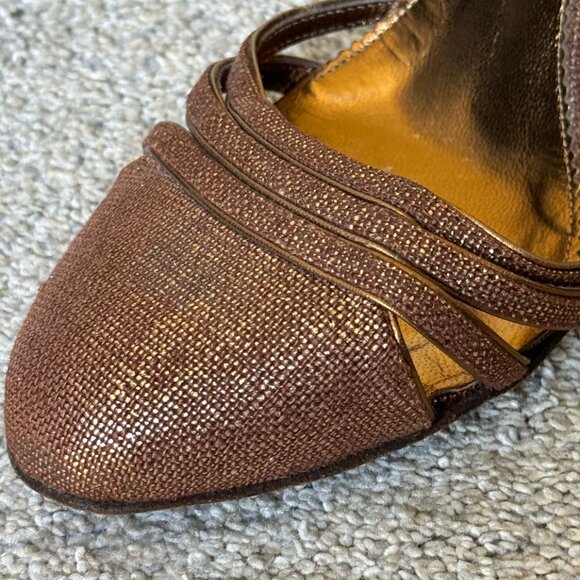 Like New BCBGMAXAZRIA Brown/Gold Leather Heels Size 5.5 - Picture 6 of 7